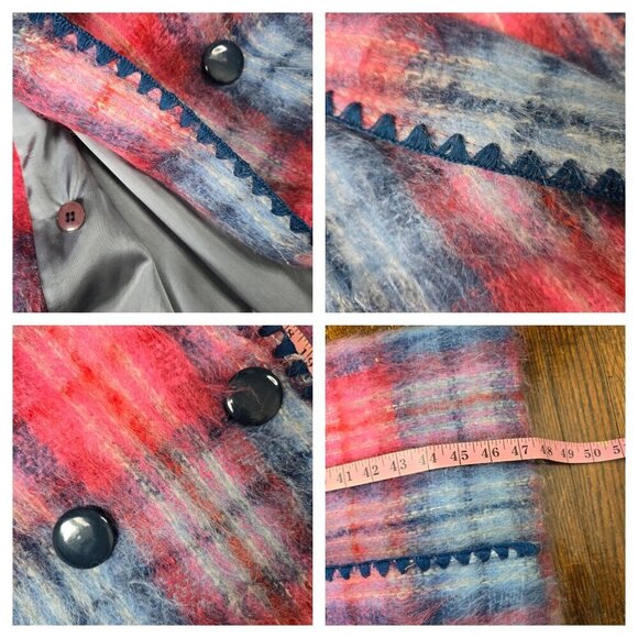 Vintage 1970s Red Blue Plaid Angora Wool Double Breasted Coat - Picture 3 of 16